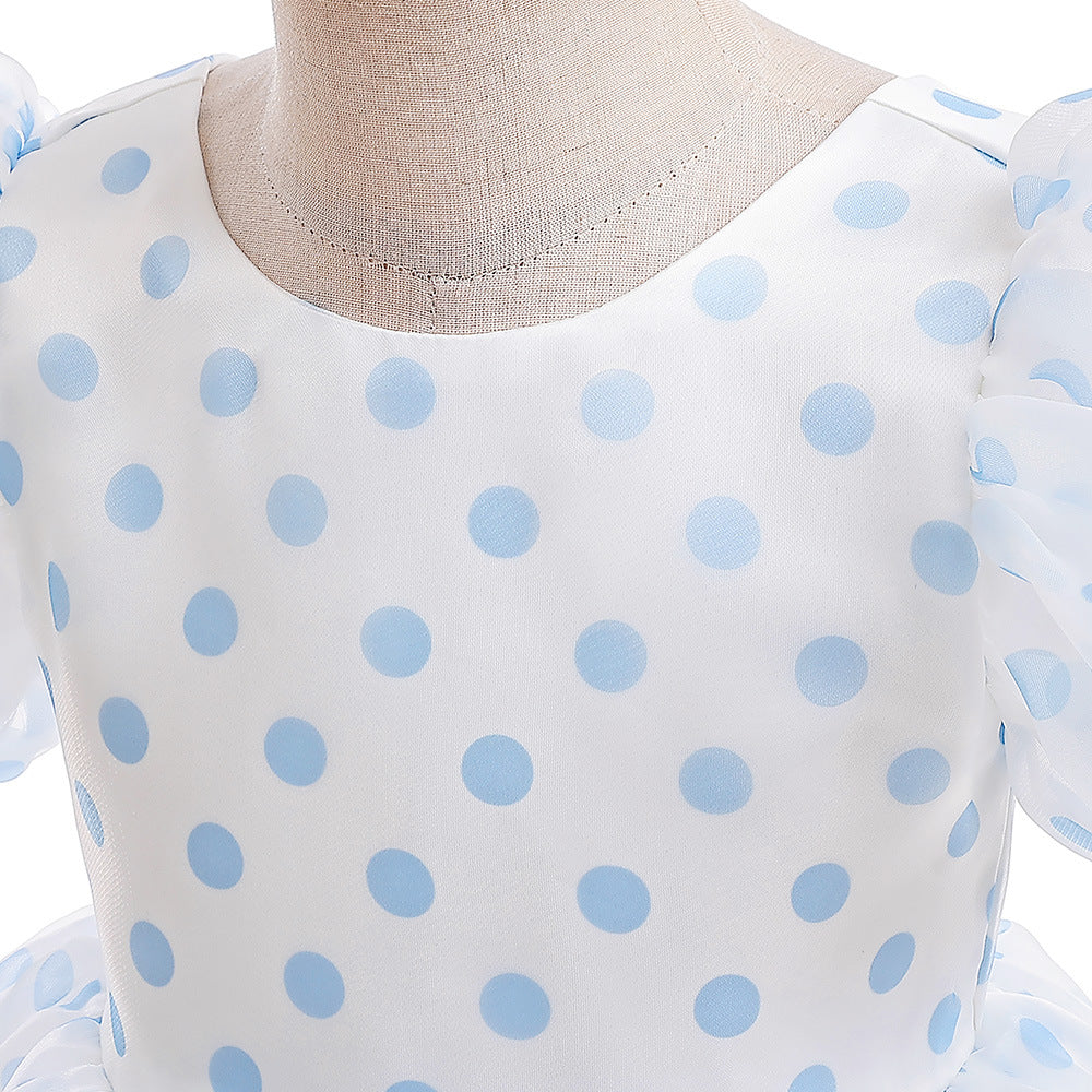 Girls Polka Dot Puff Sleeve High-Low Party Dress – Organza Overlay & Satin Lining