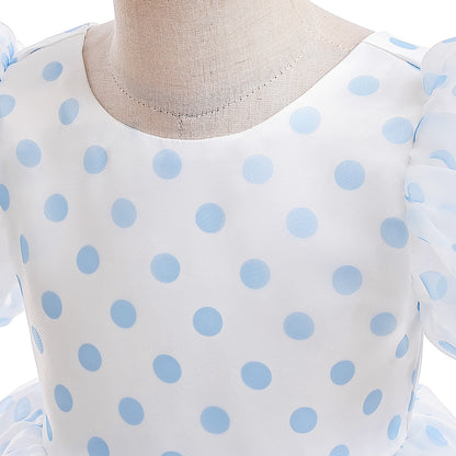 Girls Polka Dot Puff Sleeve High-Low Party Dress – Organza Overlay & Satin Lining