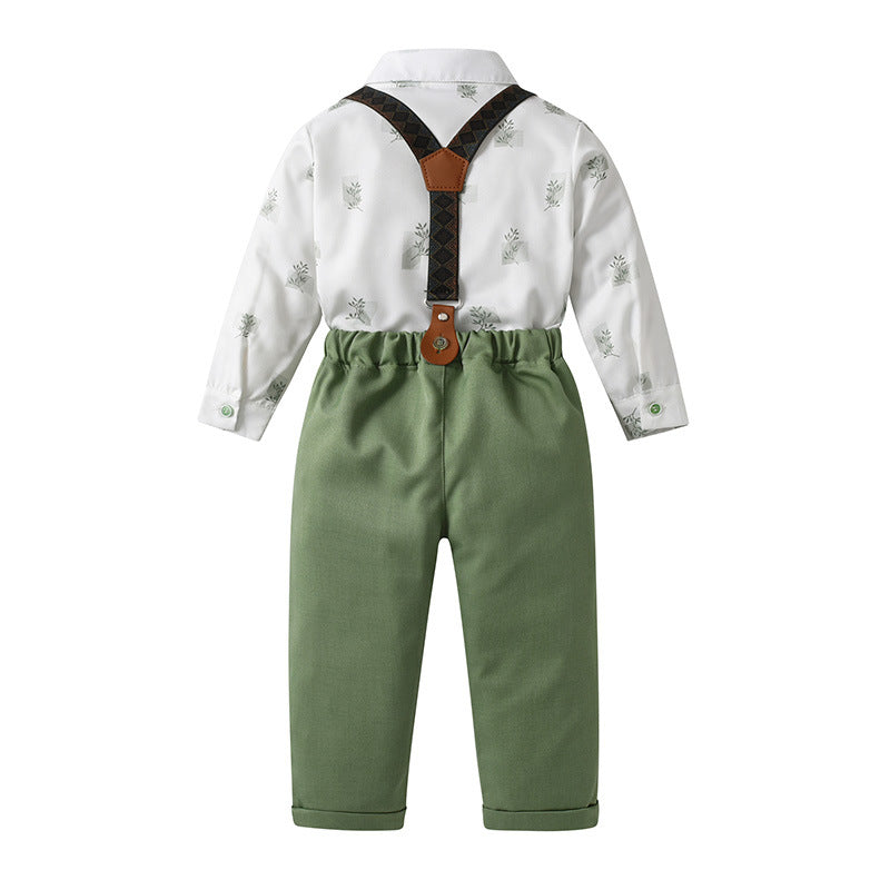Sage Green Boys Braces Pants Set for Garden Weddings – Stretch Cotton Shirt & Bow Tie (4-Piece)