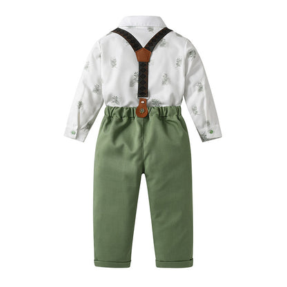Sage Green Boys Braces Pants Set for Garden Weddings – Stretch Cotton Shirt & Bow Tie (4-Piece)