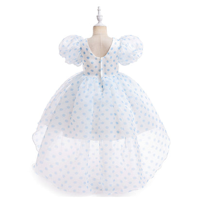 Girls Polka Dot Puff Sleeve High-Low Party Dress – Organza Overlay & Satin Lining