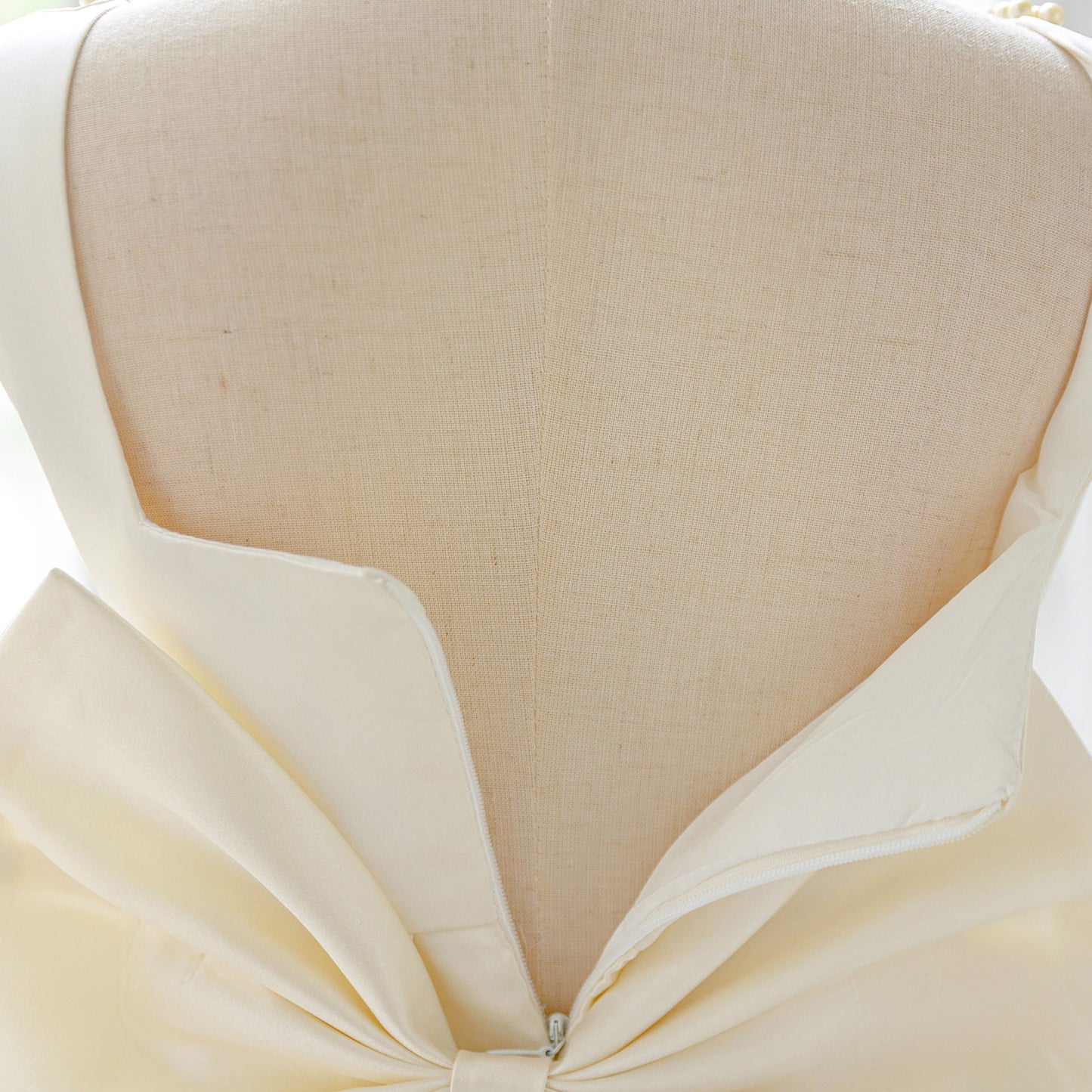 Blush Pink Satin Flower Girl Dress with Pearl Neckline & Bow Back