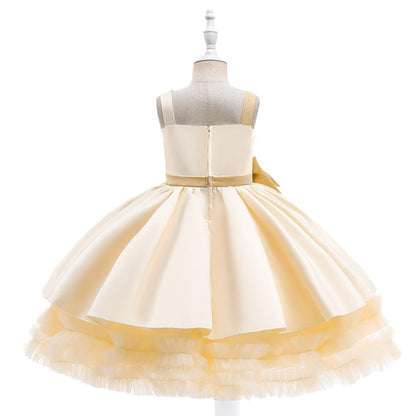 Kids Ivory Satin Party Dress with Champagne-Gold Bow | Wedding & Dinner Party