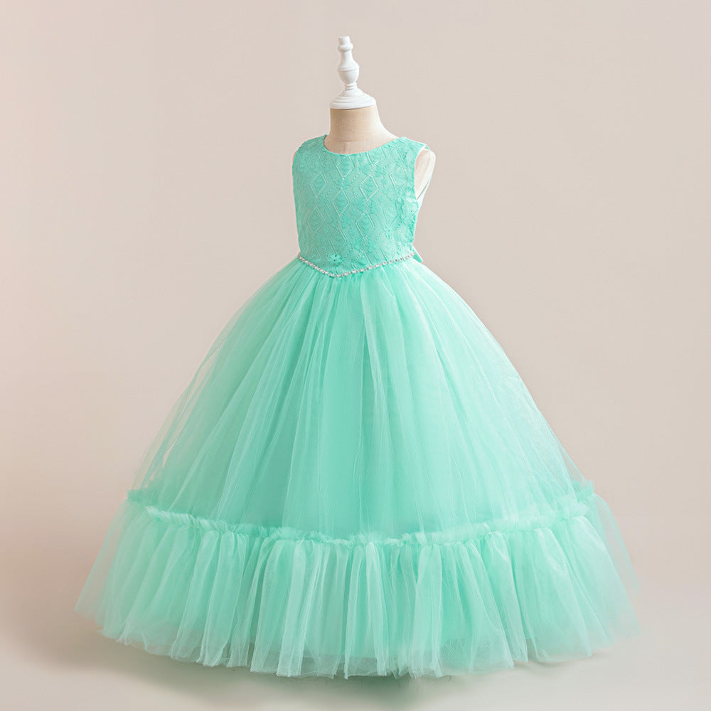 Lace Bodice Tulle Flower Girl Dress with Crystal Belt & Back Bow