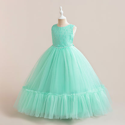 Lace Bodice Tulle Flower Girl Dress with Crystal Belt & Back Bow