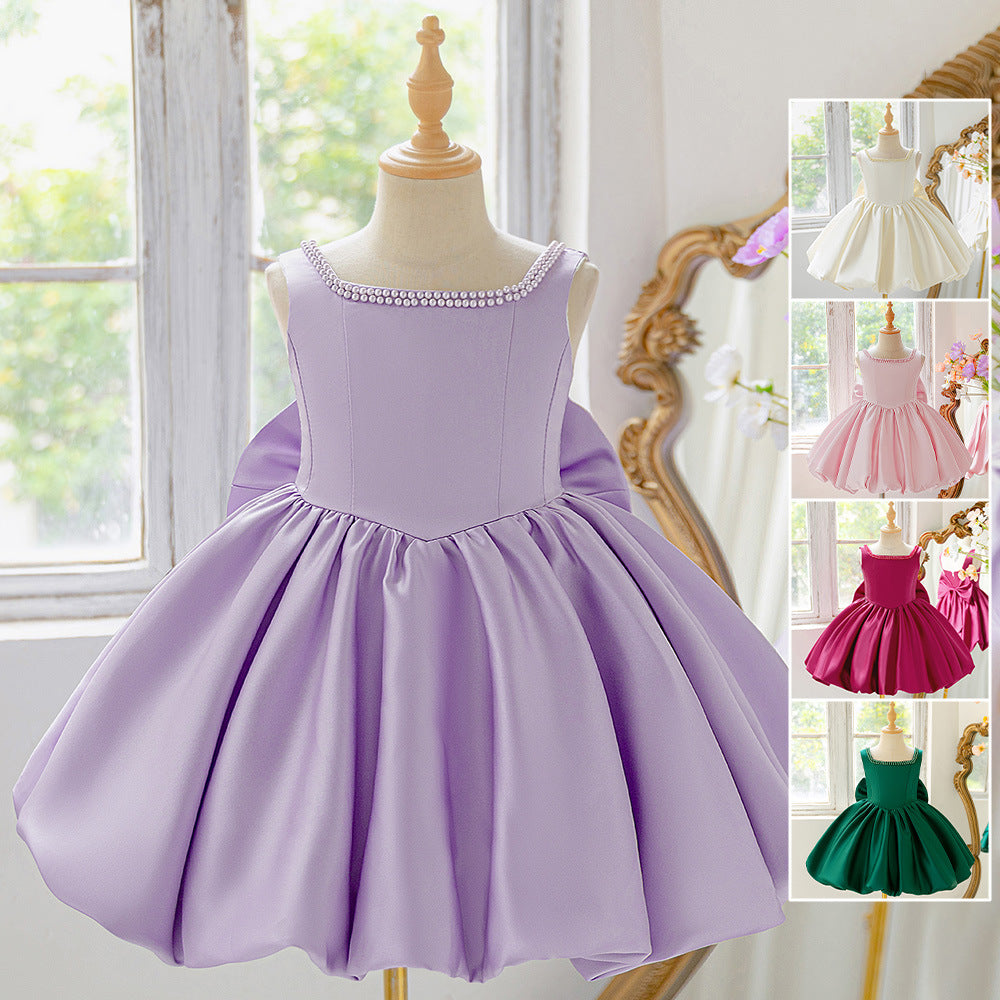 Blush Pink Satin Flower Girl Dress with Pearl Neckline & Bow Back