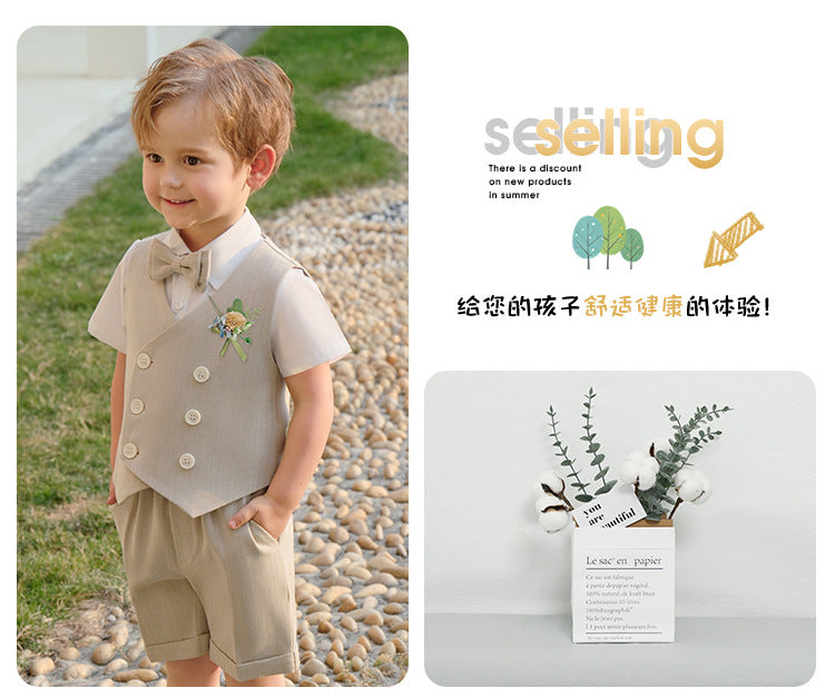 Boys Beige Vest & Shorts 5-Piece Wedding Outfit Set – Cotton Shirt, Bow Tie & Boutonniere
