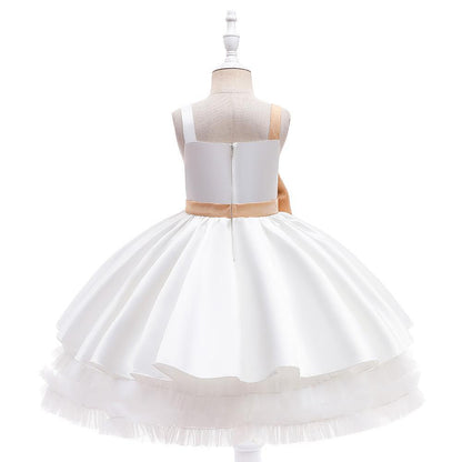 Kids Ivory Satin Party Dress with Champagne-Gold Bow | Wedding & Dinner Party