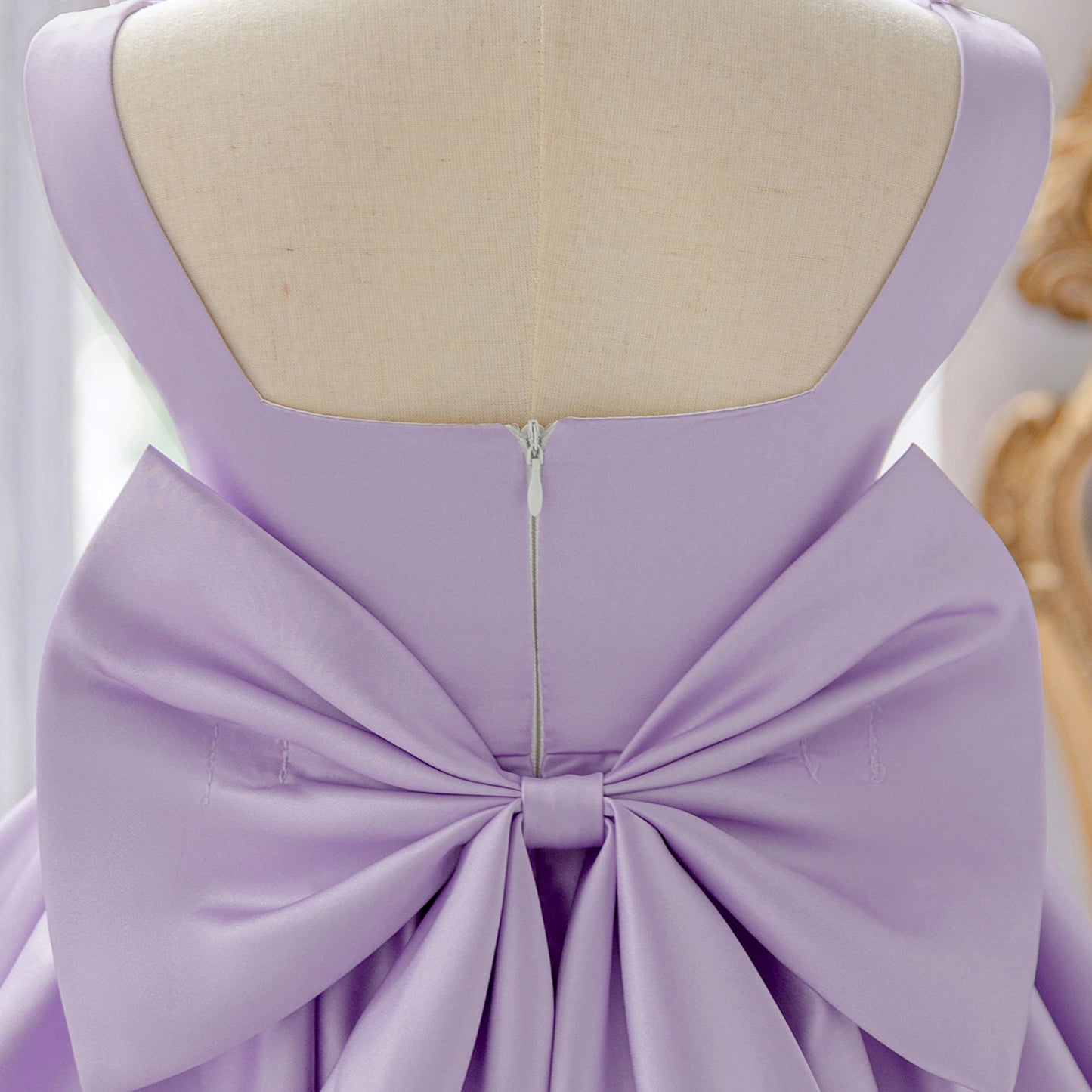 Blush Pink Satin Flower Girl Dress with Pearl Neckline & Bow Back