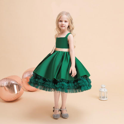 Kids Ivory Satin Party Dress with Champagne-Gold Bow | Wedding & Dinner Party
