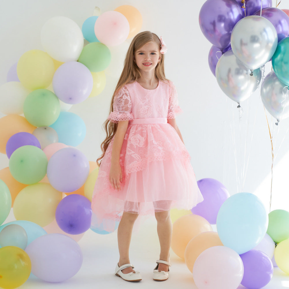 Pink Lace High-Low Flower Girl Dress with Back Bow | Lightweight Ceremony