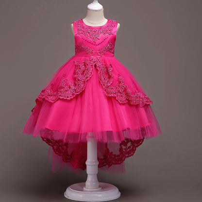 High-Low Lace & Rhinestone Flower Girl Dress with Satin Bow (Easy-Walk)