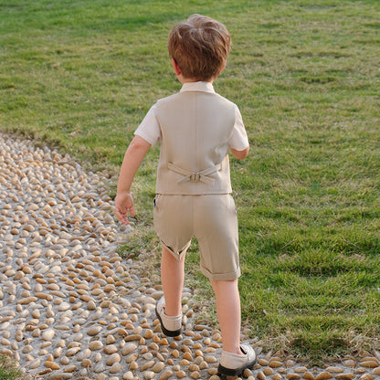 Boys Beige Vest & Shorts 5-Piece Wedding Outfit Set – Cotton Shirt, Bow Tie & Boutonniere