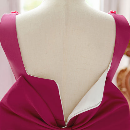 Blush Pink Satin Flower Girl Dress with Pearl Neckline & Bow Back