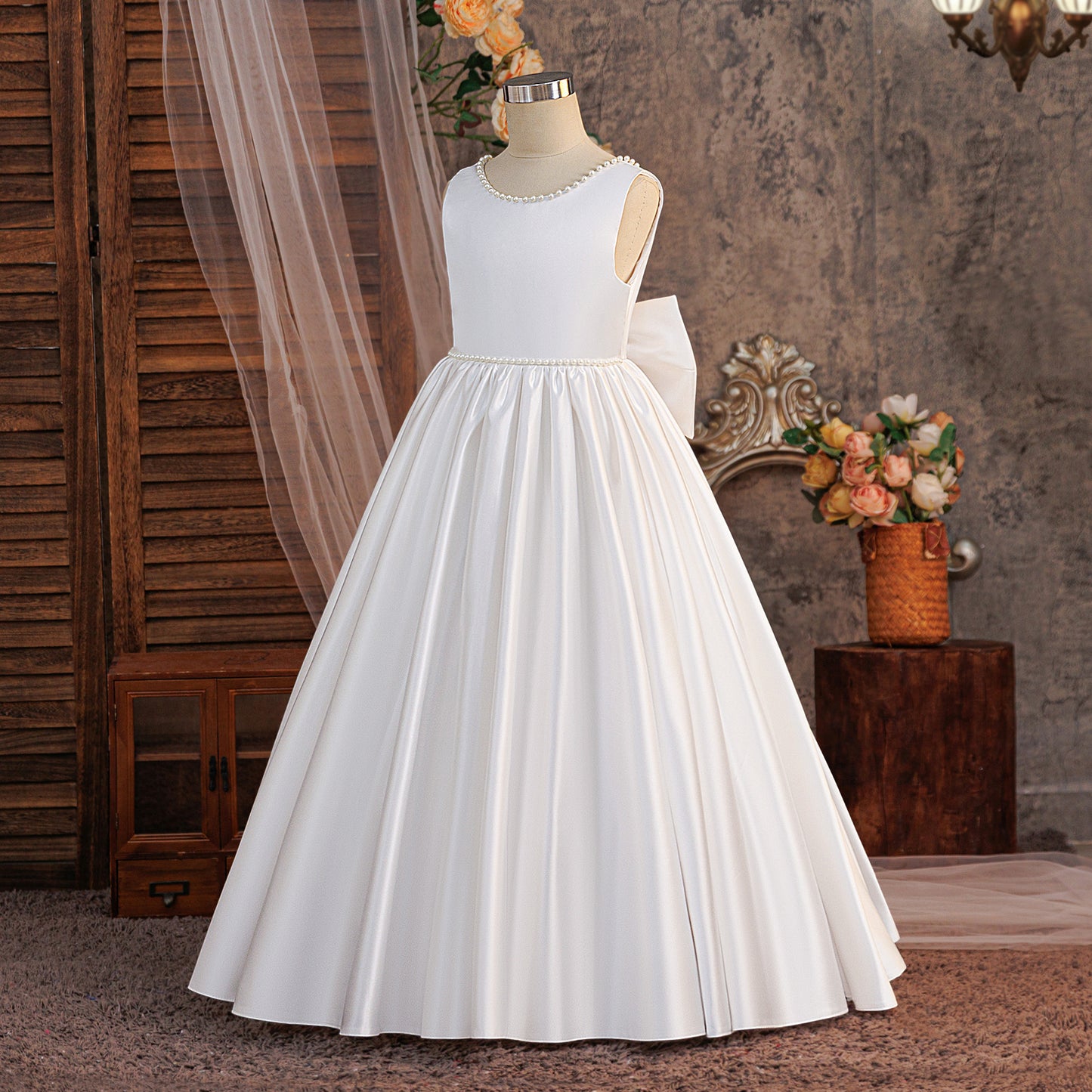 Ivory Satin Pearl-Trim V-Back Flower Girl Dress with Oversized Bow