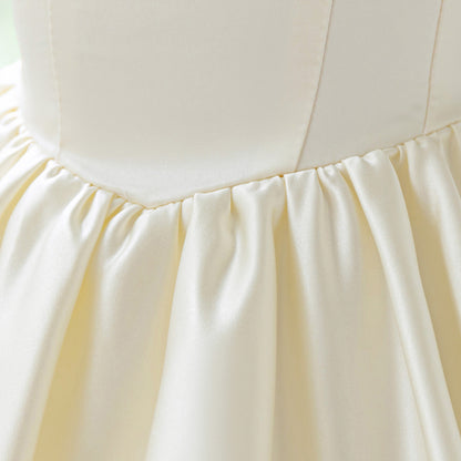 Blush Pink Satin Flower Girl Dress with Pearl Neckline & Bow Back