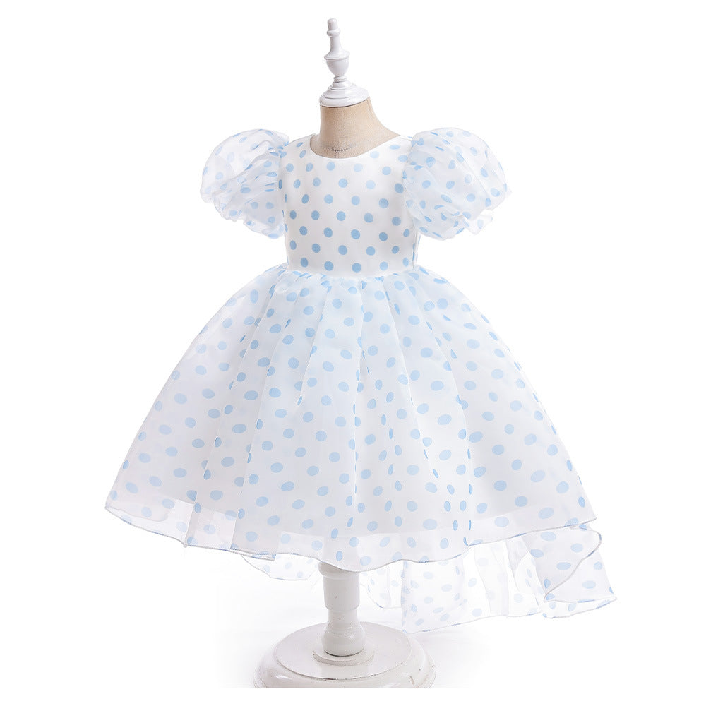 Girls Polka Dot Puff Sleeve High-Low Party Dress – Organza Overlay & Satin Lining