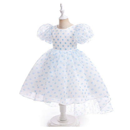 Girls Polka Dot Puff Sleeve High-Low Party Dress – Organza Overlay & Satin Lining
