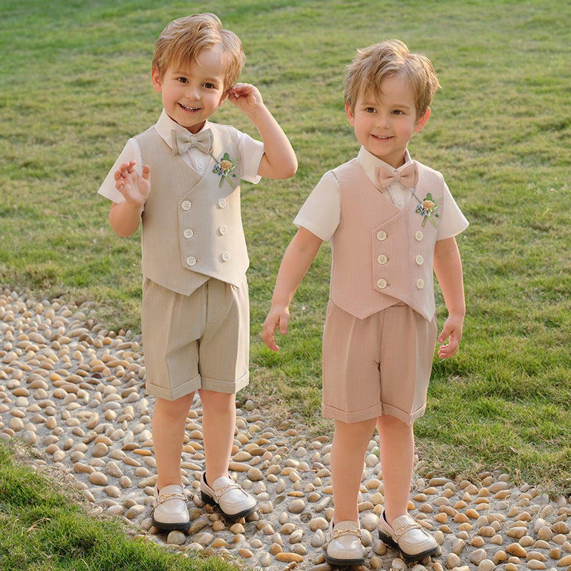 Boys Beige Vest & Shorts 5-Piece Wedding Outfit Set – Cotton Shirt, Bow Tie & Boutonniere