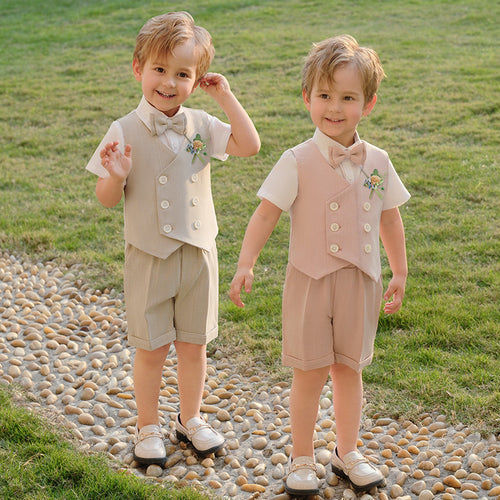 Boys Beige Vest & Shorts 5-Piece Wedding Outfit Set – Cotton Shirt, Bow Tie & Boutonniere