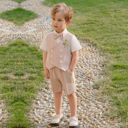 Boys Beige Vest & Shorts 5-Piece Wedding Outfit Set – Cotton Shirt, Bow Tie & Boutonniere
