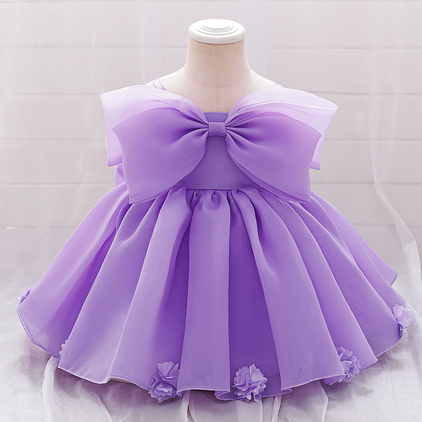 Baby & Toddler Giant Bow Satin & Organza Party Dress – Photo-Ready Statement Look (Detachable Back Bow)