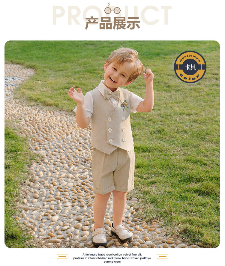 Boys Beige Vest & Shorts 5-Piece Wedding Outfit Set – Cotton Shirt, Bow Tie & Boutonniere