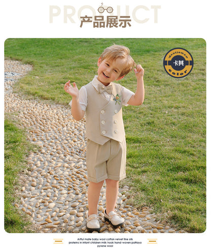 Boys Beige Vest & Shorts 5-Piece Wedding Outfit Set – Cotton Shirt, Bow Tie & Boutonniere
