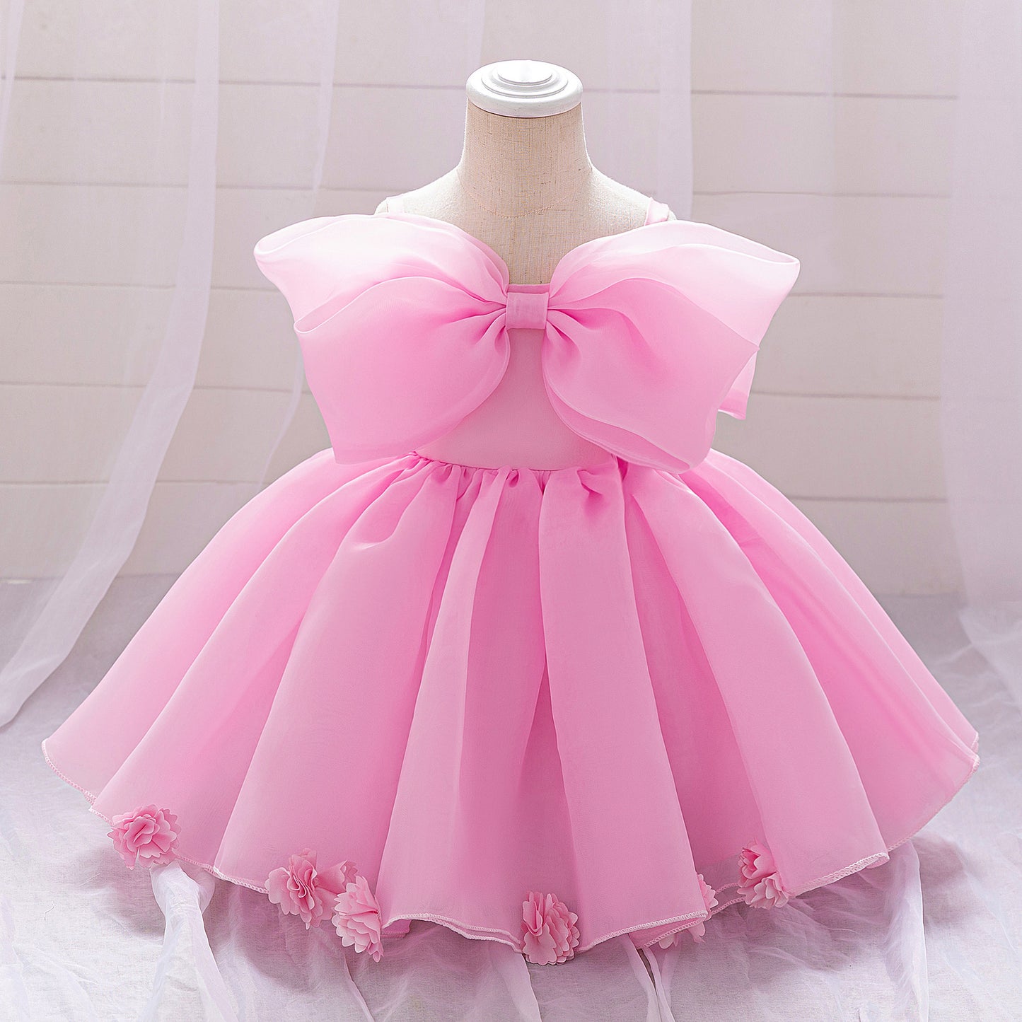 Baby & Toddler Giant Bow Satin & Organza Party Dress – Photo-Ready Statement Look (Detachable Back Bow)