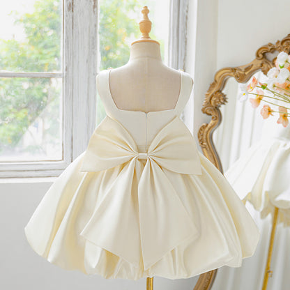 Blush Pink Satin Flower Girl Dress with Pearl Neckline & Bow Back