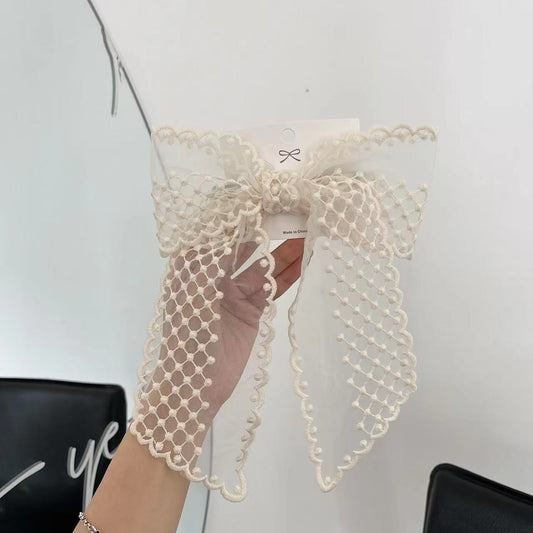 Cream Oversized Lace Tulle Bow Hair Clip with Long Tails – Flower Girl & Outdoor Wedding Hair Accessory
