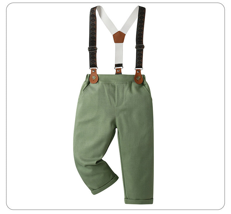 Sage Green Boys Braces Pants Set for Garden Weddings – Stretch Cotton Shirt & Bow Tie (4-Piece)