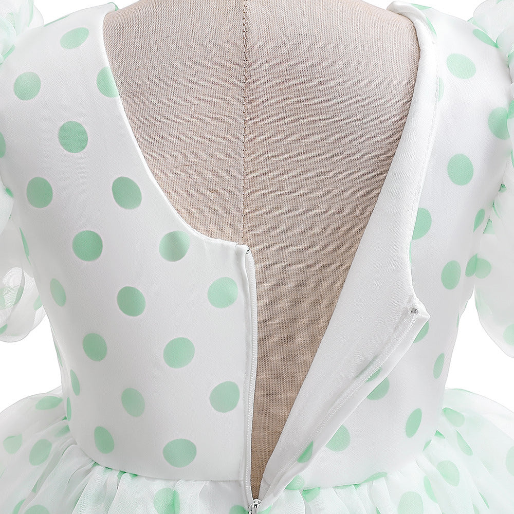 Girls Polka Dot Puff Sleeve High-Low Party Dress – Organza Overlay & Satin Lining