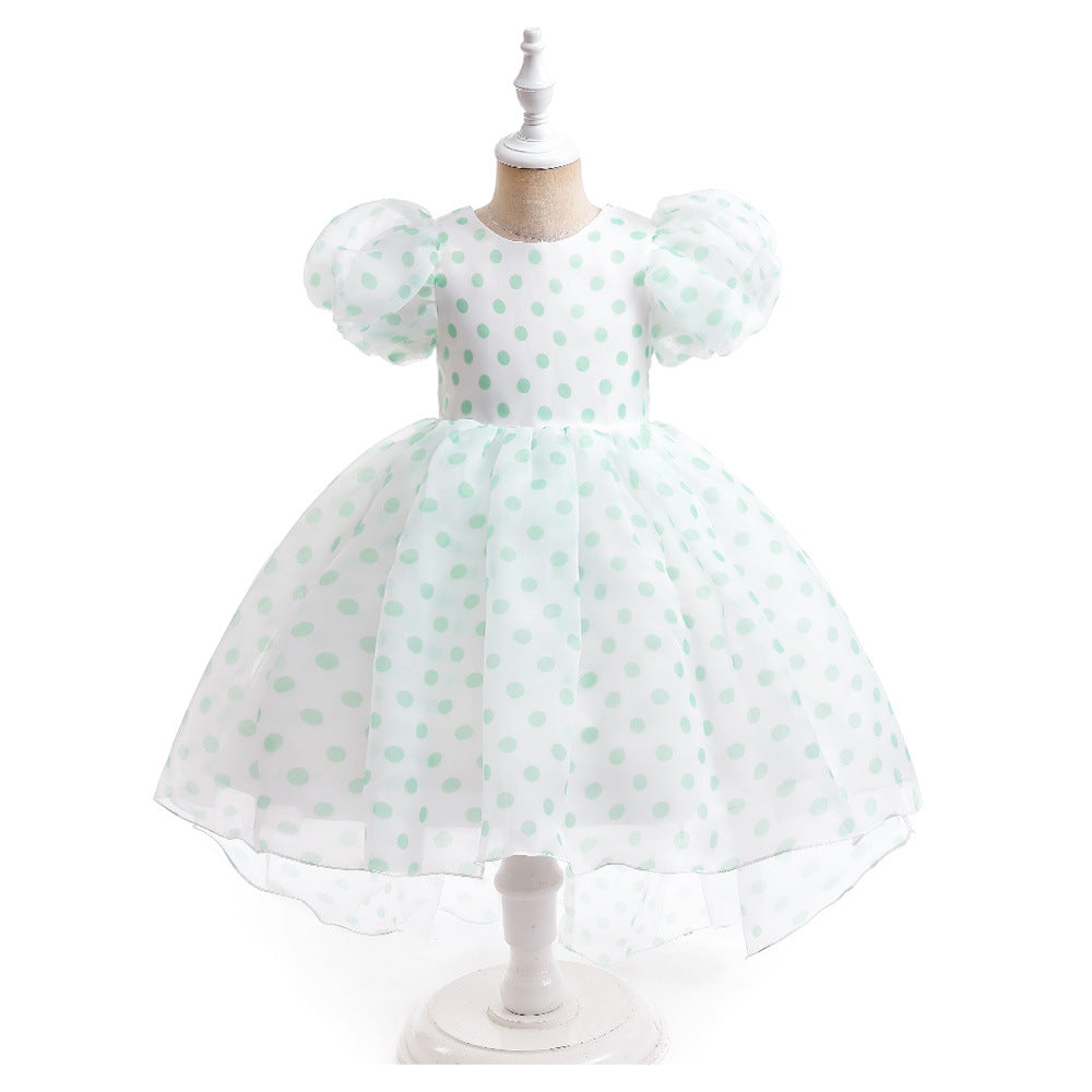 Girls Polka Dot Puff Sleeve High-Low Party Dress – Organza Overlay & Satin Lining
