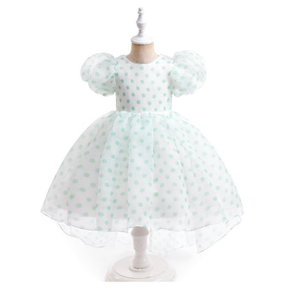 Girls Polka Dot Puff Sleeve High-Low Party Dress – Organza Overlay & Satin Lining