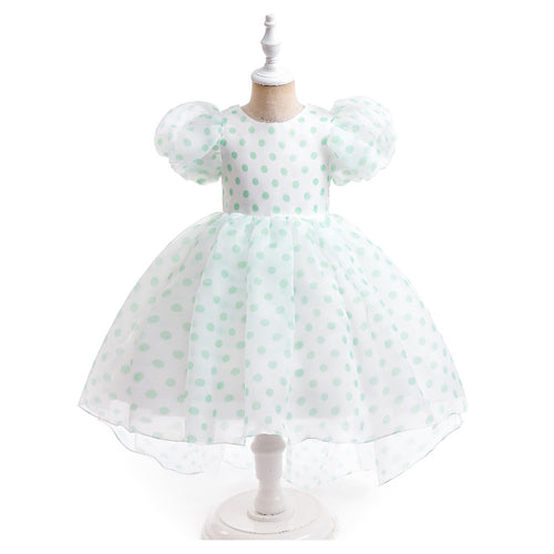 Girls Polka Dot Puff Sleeve High-Low Party Dress – Organza Overlay & Satin Lining