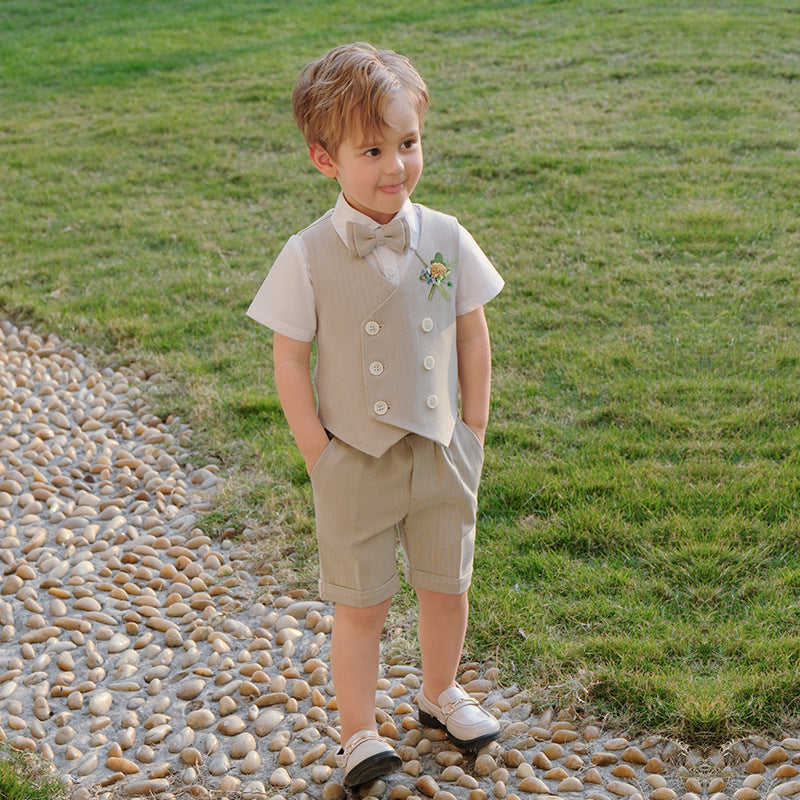 Boys Beige Vest & Shorts 5-Piece Wedding Outfit Set – Cotton Shirt, Bow Tie & Boutonniere