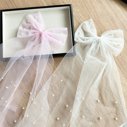 White Pearl Tulle Bow Hair Clip with Long Veil Tails – Flower Girl Wedding Hair Accessory (Blush Pink / Ivory White)