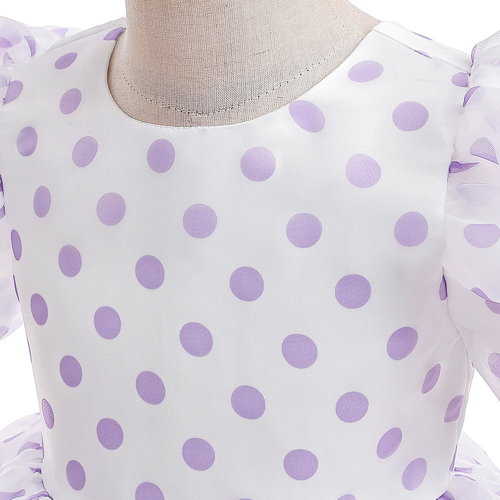 Girls Polka Dot Puff Sleeve High-Low Party Dress – Organza Overlay & Satin Lining