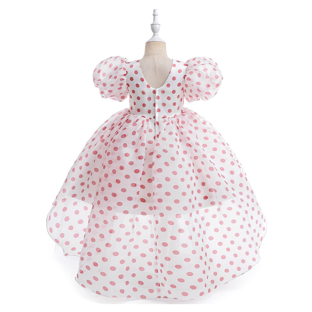 Girls Polka Dot Puff Sleeve High-Low Party Dress – Organza Overlay & Satin Lining