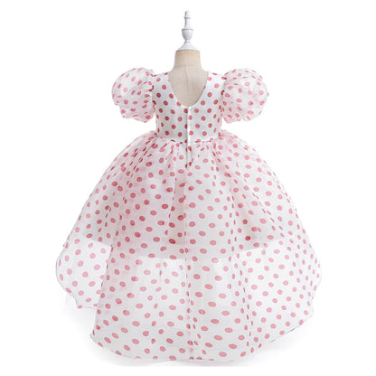 Girls Polka Dot Puff Sleeve High-Low Party Dress – Organza Overlay & Satin Lining