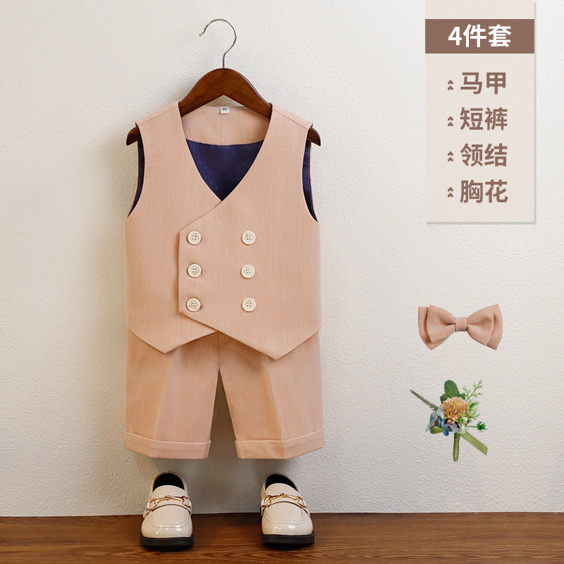 Boys Beige Vest & Shorts 5-Piece Wedding Outfit Set – Cotton Shirt, Bow Tie & Boutonniere
