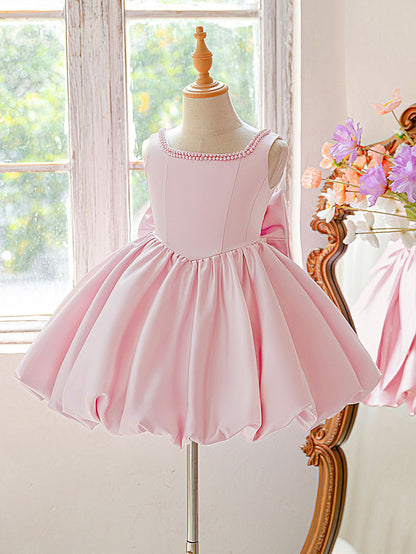 Blush Pink Satin Flower Girl Dress with Pearl Neckline & Bow Back