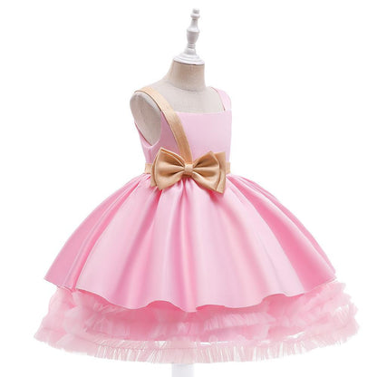 Kids Ivory Satin Party Dress with Champagne-Gold Bow | Wedding & Dinner Party