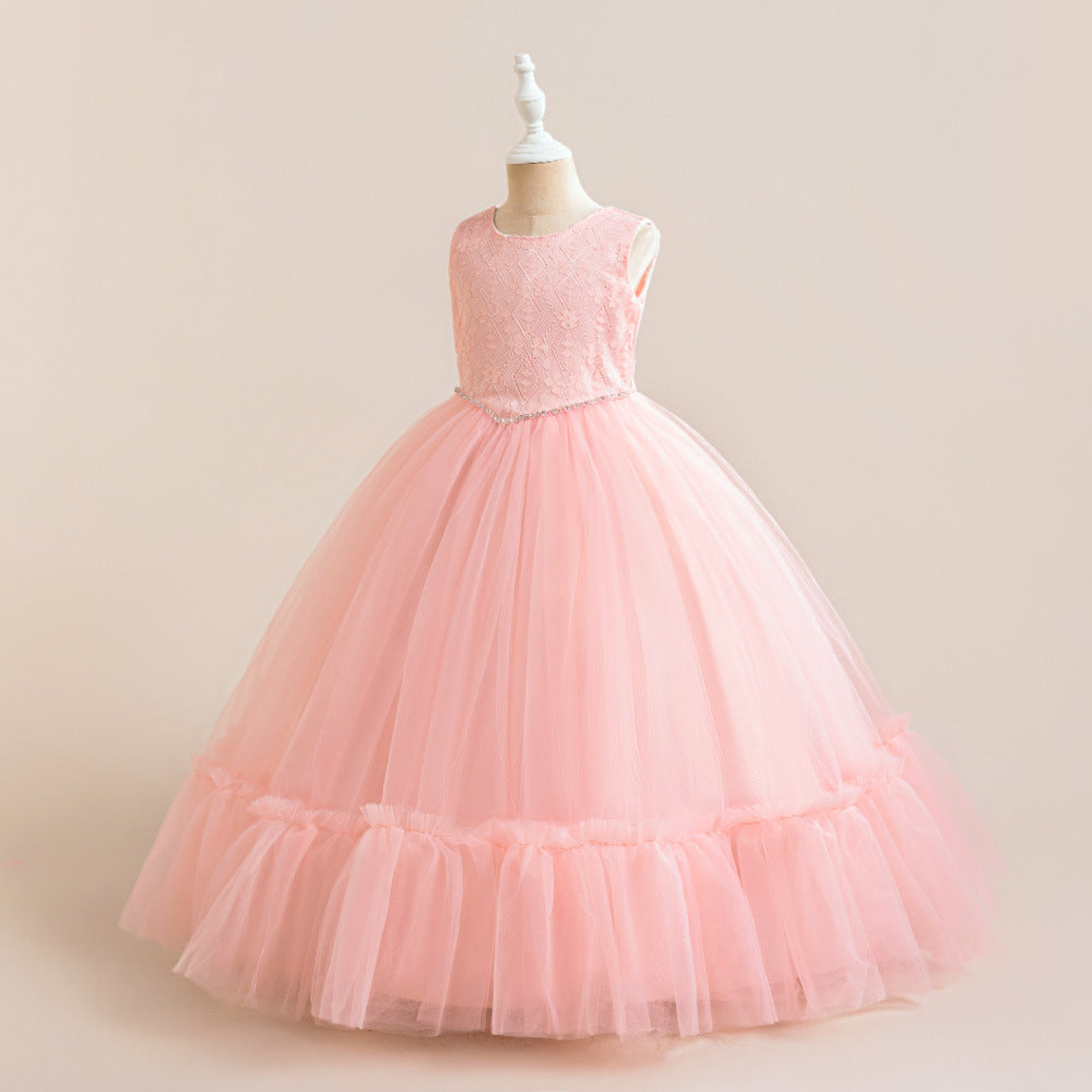 Lace Bodice Tulle Flower Girl Dress with Crystal Belt & Back Bow