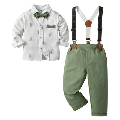 Sage Green Boys Braces Pants Set for Garden Weddings – Stretch Cotton Shirt & Bow Tie (4-Piece)