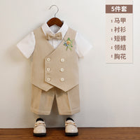 Khaki 5-piece set (vest + shorts + shirt + bow tie + corsage)