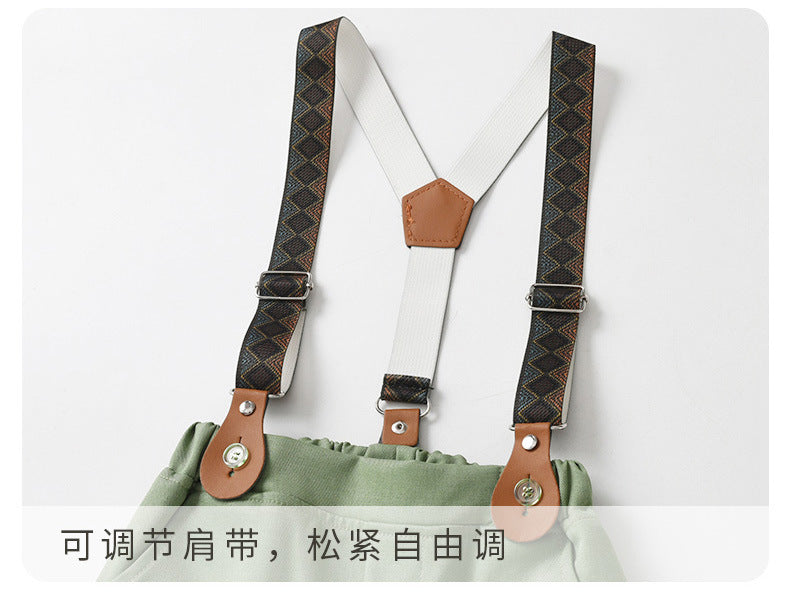 Sage Green Boys Braces Pants Set for Garden Weddings – Stretch Cotton Shirt & Bow Tie (4-Piece)