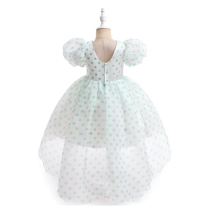 Girls Polka Dot Puff Sleeve High-Low Party Dress – Organza Overlay & Satin Lining