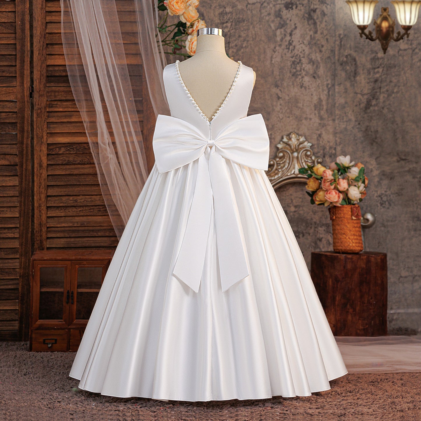 Ivory Satin Pearl-Trim V-Back Flower Girl Dress with Oversized Bow